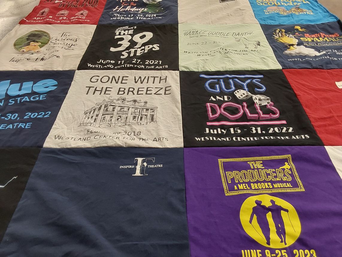 T-shirt quilt with theatre, musicals themes by Linda from MI