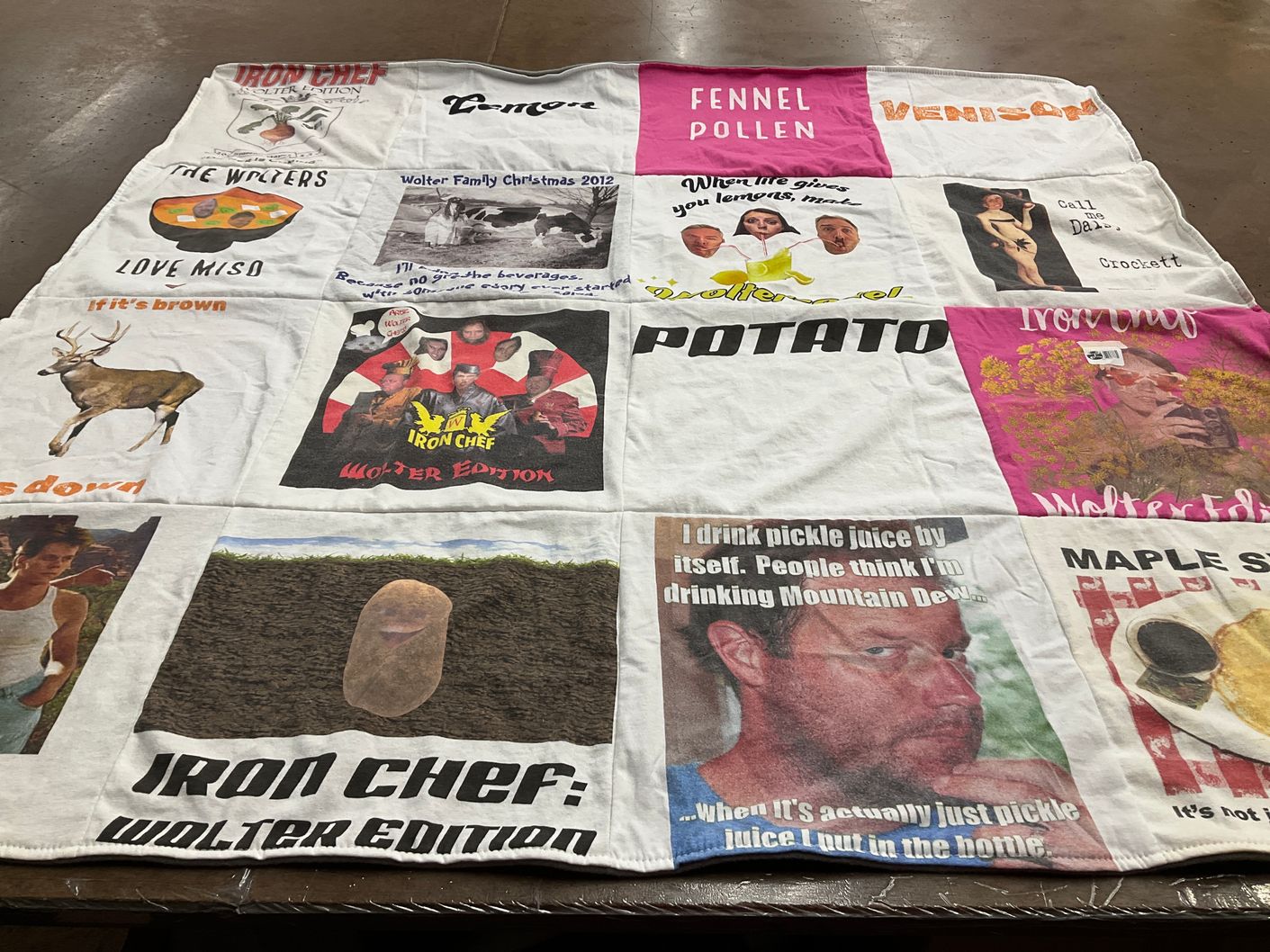 T-shirt quilt with cooking, family themes by Susan from MN