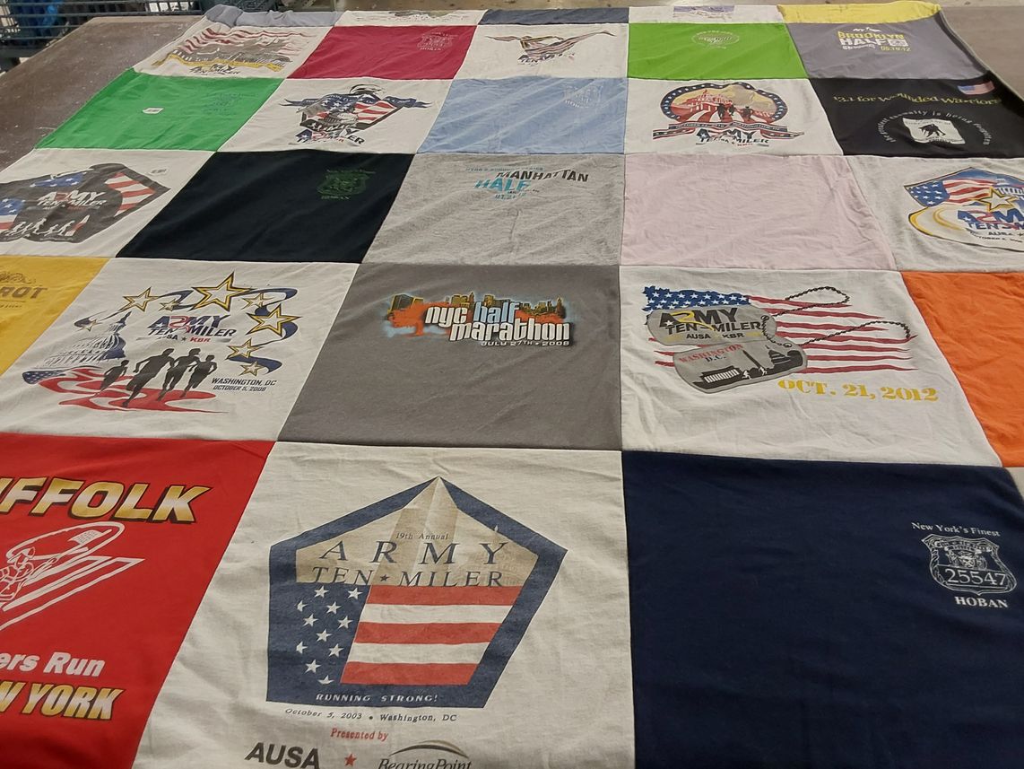 T-shirt quilt with running, marathons themes by Mary from NY
