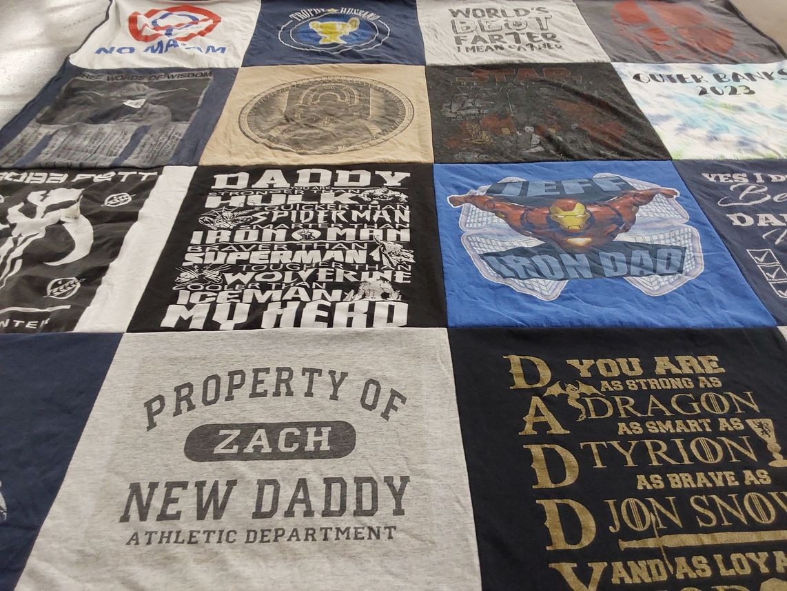 T-shirt quilt with superheroes, family themes by Lauren from NJ