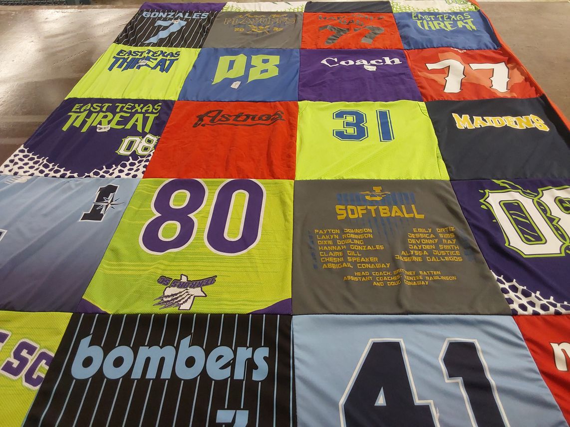 T-shirt quilt with sports, softball themes by Tracy from TX
