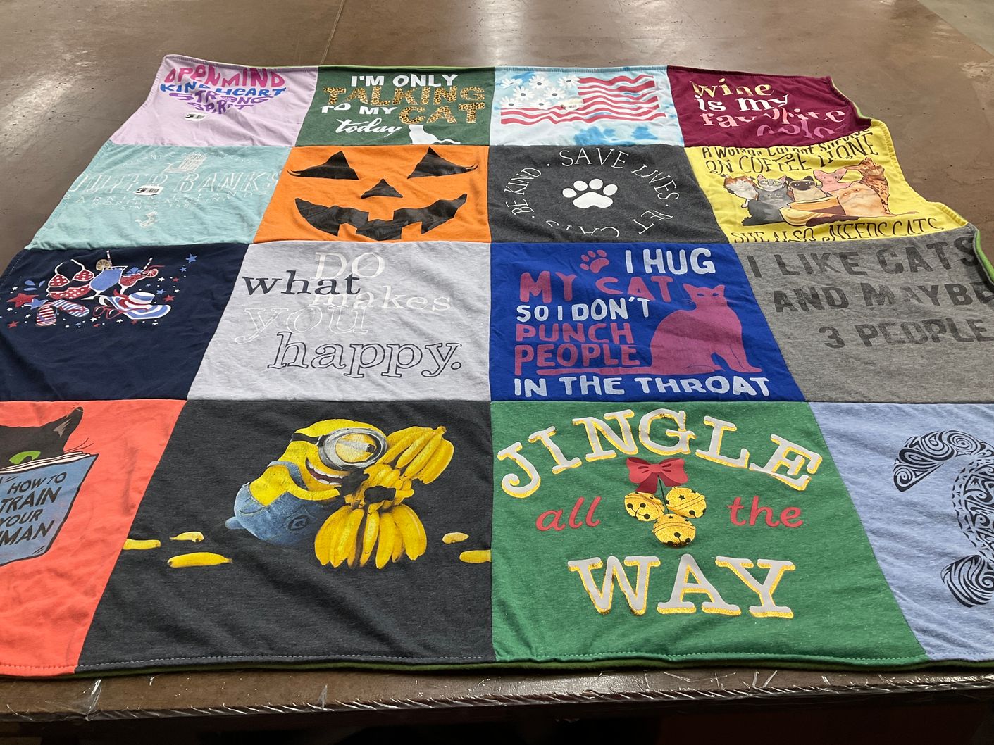 T-shirt quilt with cats, minions themes by James from VA