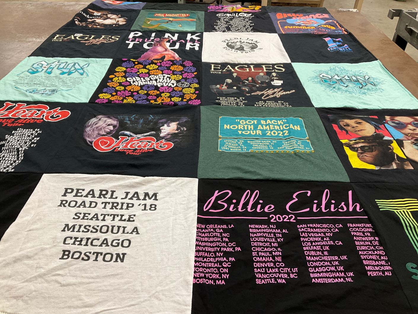 T-shirt quilt with music, concerts themes by Connie from WA