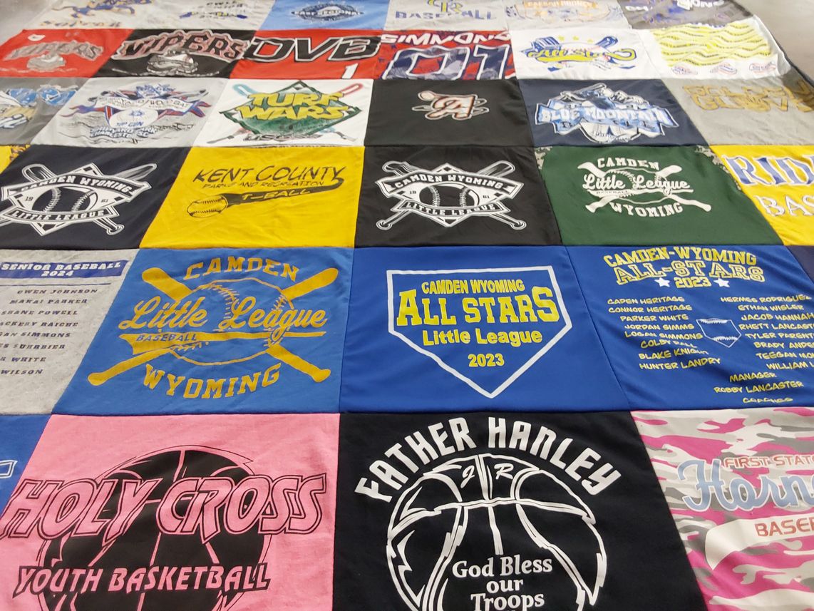 T-shirt quilt with youth sports, little league themes by Deb from DE