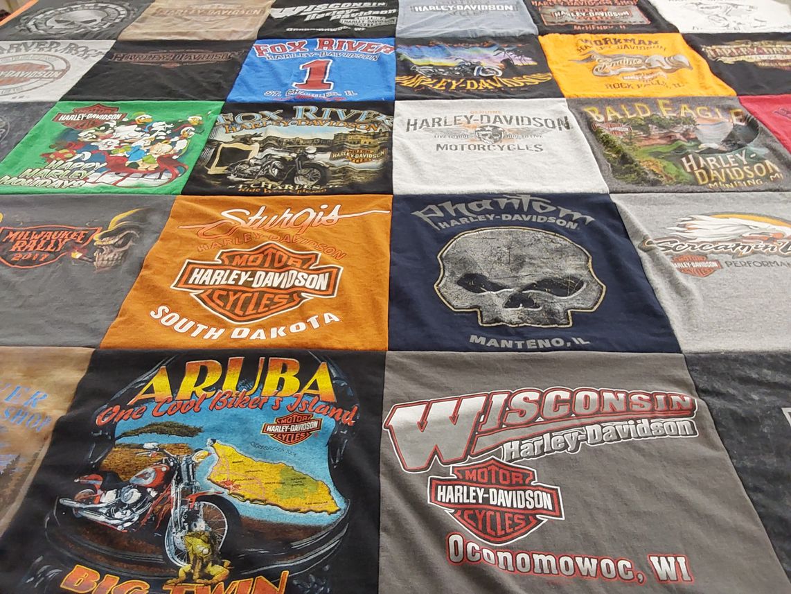 T-shirt quilt with motorcycles, biking themes by Rudolf from IL
