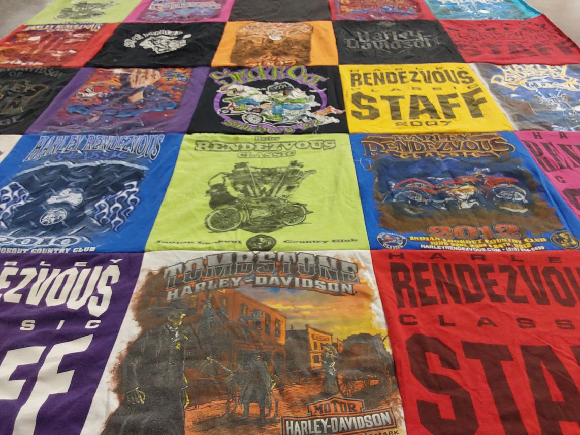 T-shirt quilt with motorcycles, biking themes by Maria from AZ