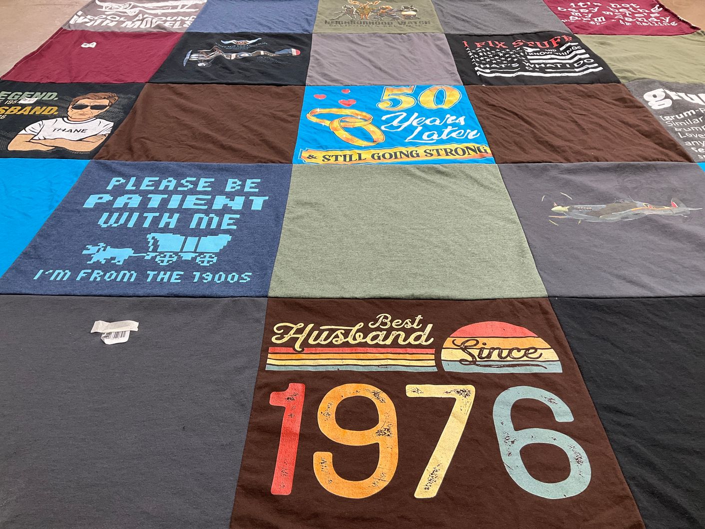 T-shirt quilt with humor themes by Wendy from ID