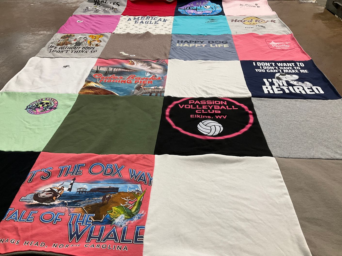 T-shirt quilt with volleyball, fishing themes by Timothy from WV