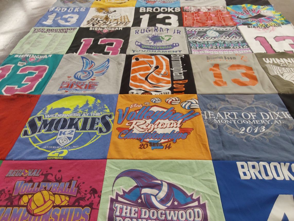 T-shirt quilt with volleyball, hiking themes by Heather from AL