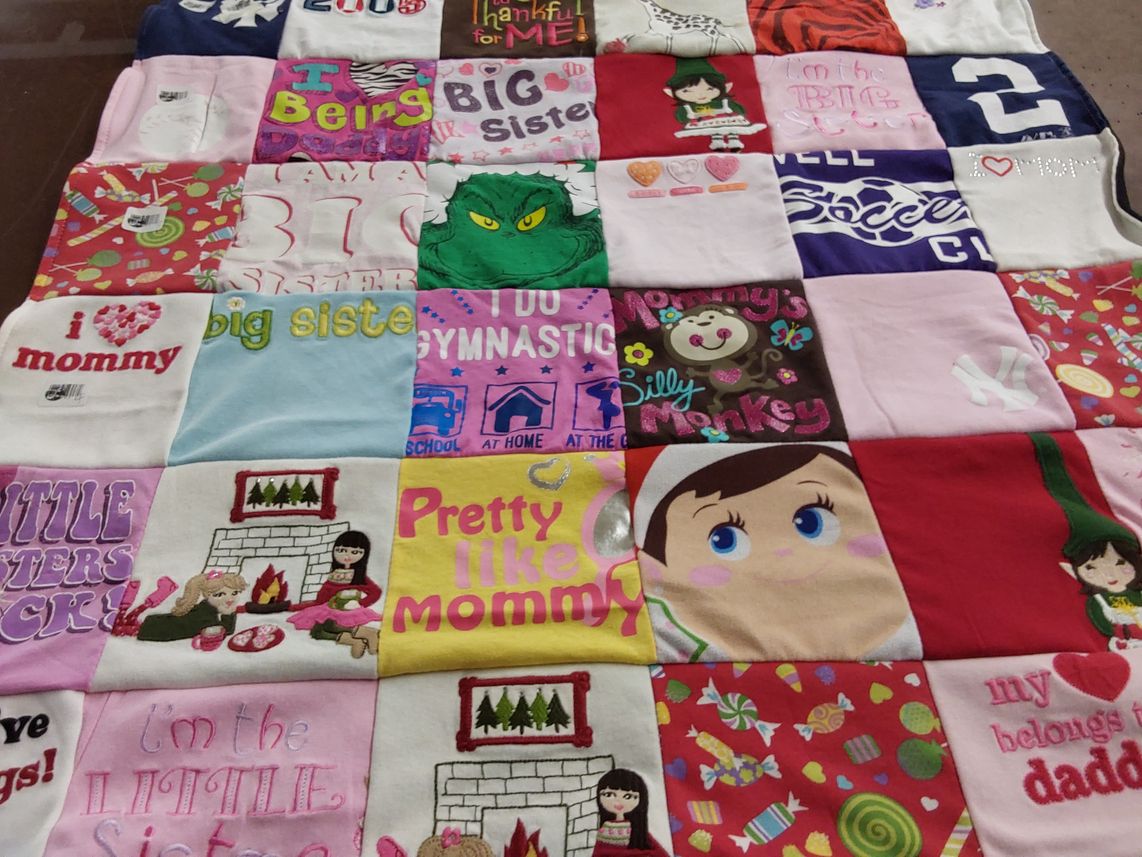 T-shirt quilt with family, gymnastics themes by Jennifer from NJ