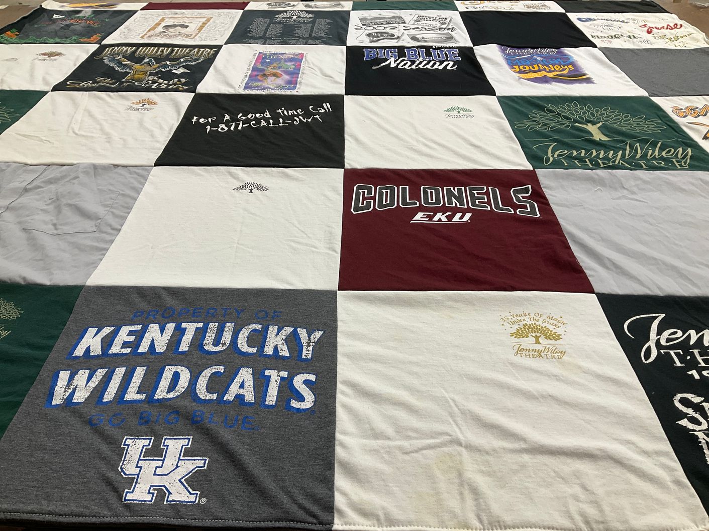 T-shirt quilt featuring kentucky wildcats, eastern kentucky colonels by Kathy from KY