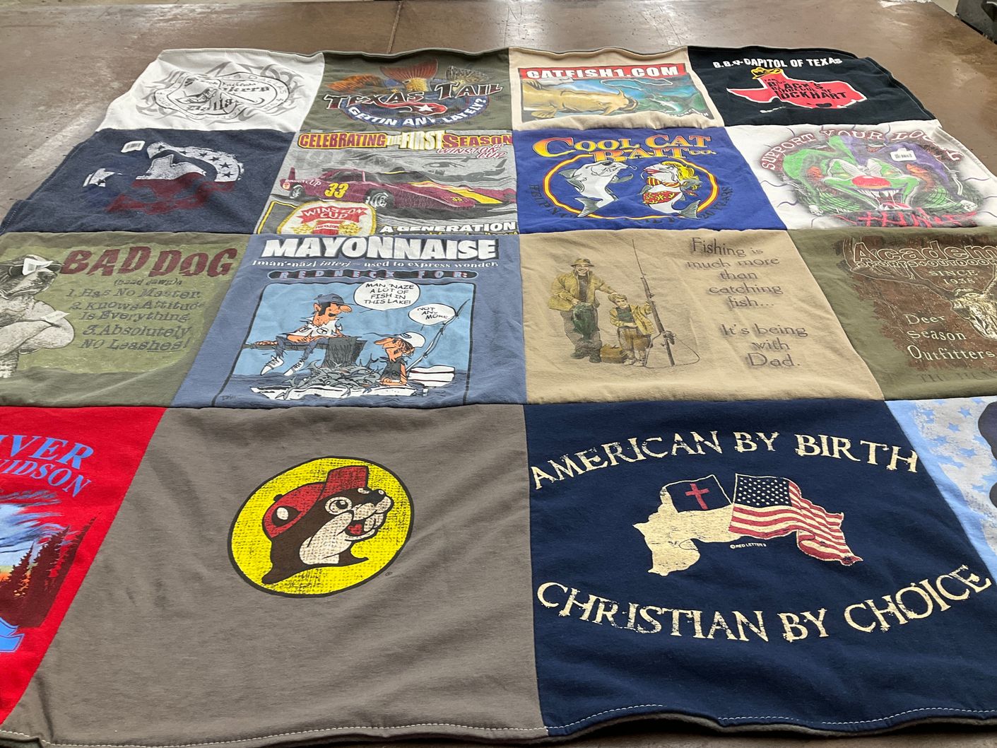 T-shirt quilt with fishing, cats themes by Lee Ann from TX
