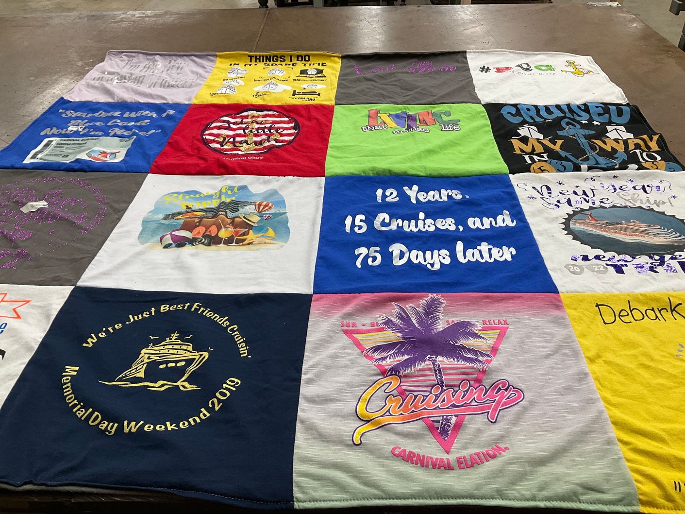 T-shirt quilt with cruising, travel themes by Sabrena from AL