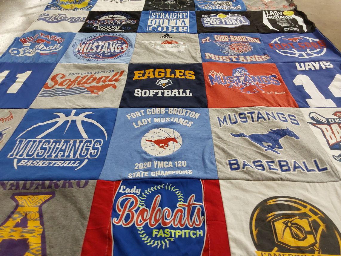 T-shirt quilt featuring fort cobb-broxton lady mustangs softball, fort cobb-broxton mustangs basketball by Elizabeth from OK