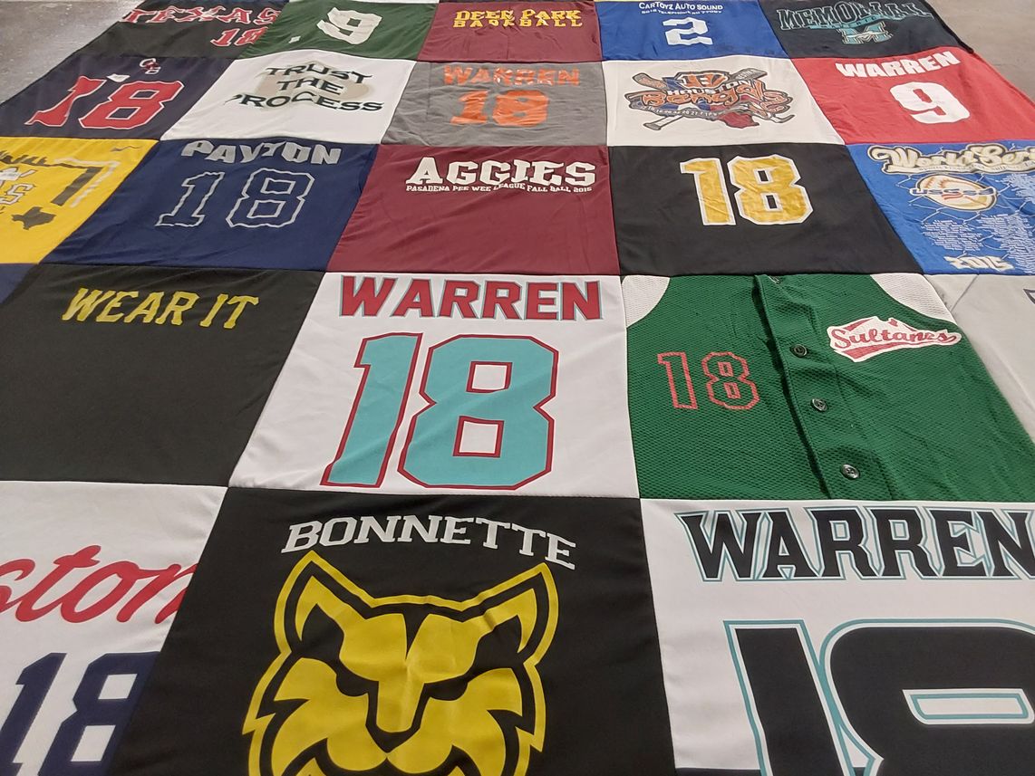 T-shirt quilt with sports, softball themes by Michael from TX