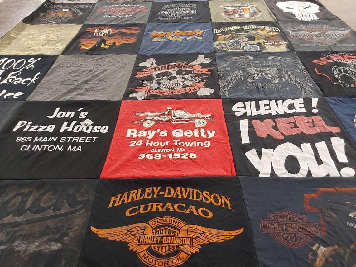 T-shirt quilt with motorcycles, food themes by Kristen from MA