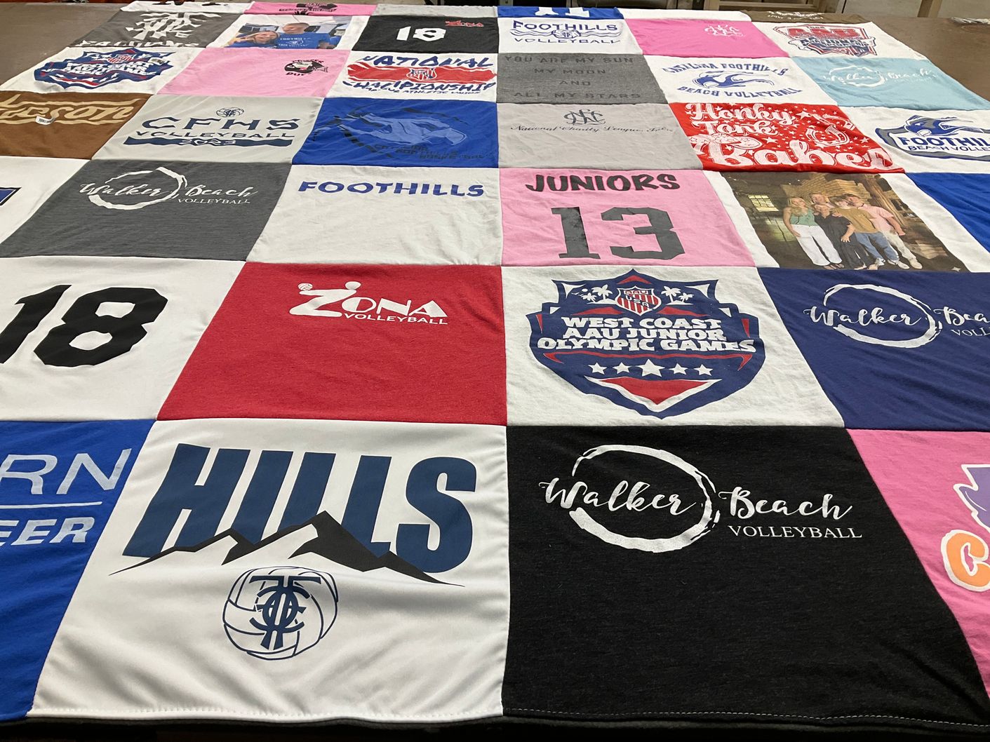 T-shirt quilt with sports, volleyball themes by Kim from AZ