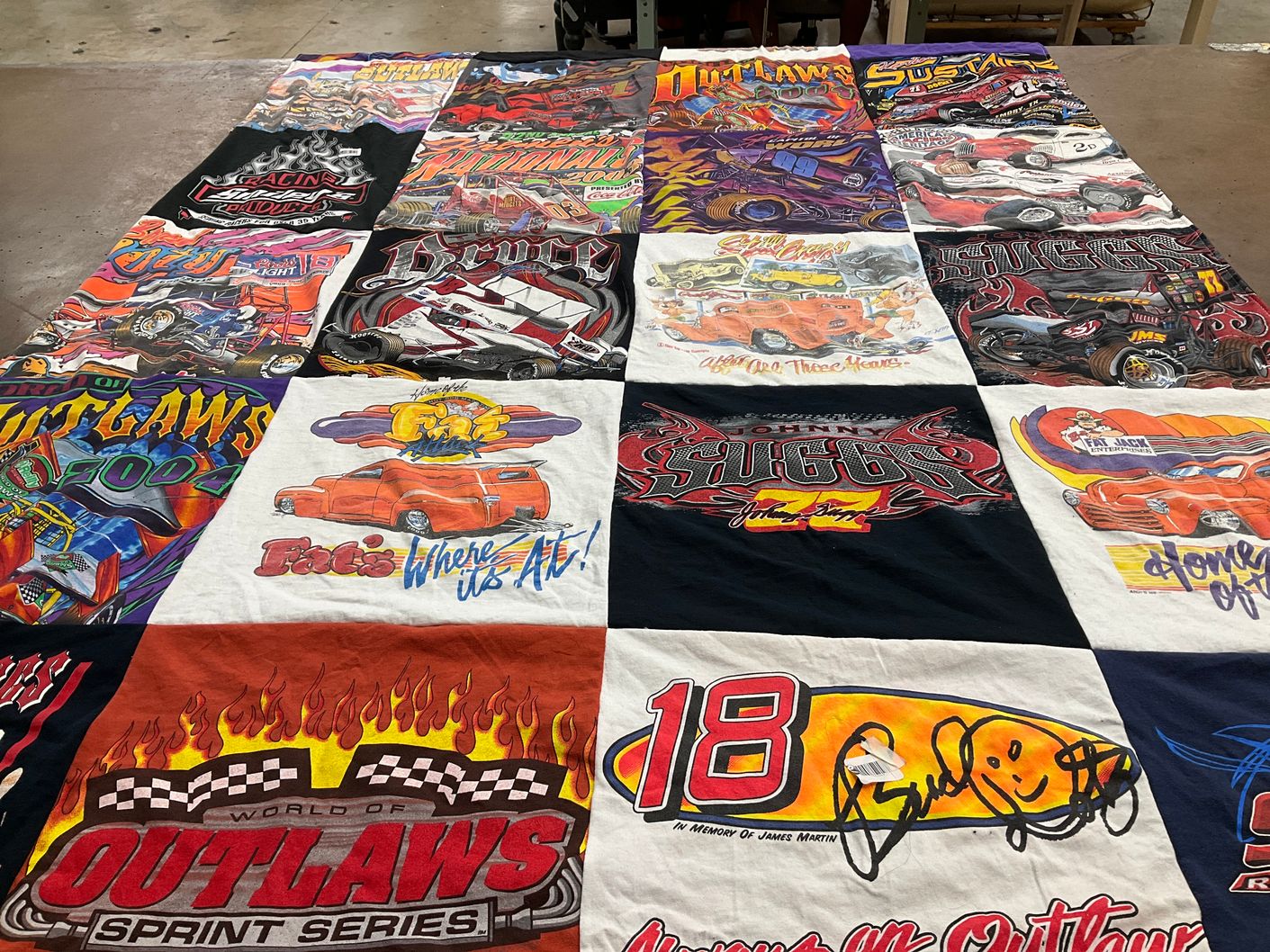 T-shirt quilt with racing, motorsports themes by Sarah from TX