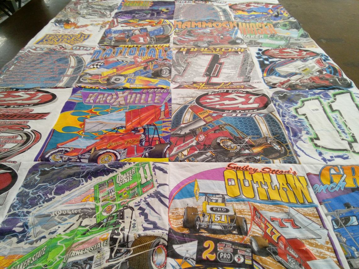T-shirt quilt with racing, motorsports themes by Sarah from TX