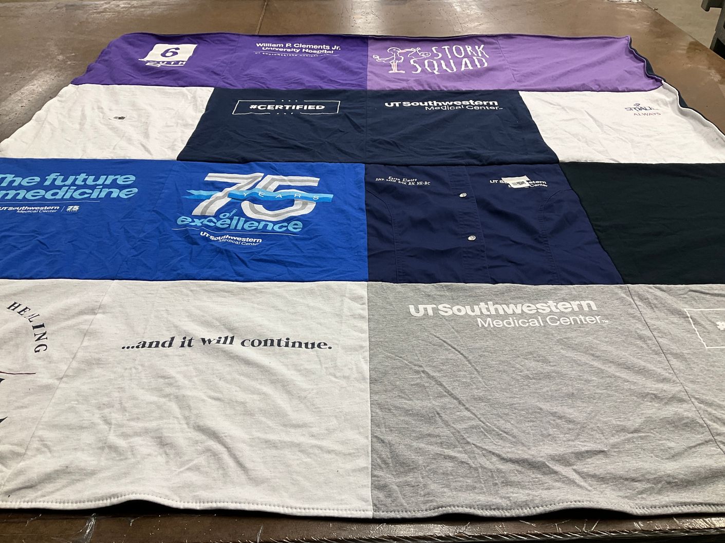 T-shirt quilt with medicine, healthcare themes by Karen from TX