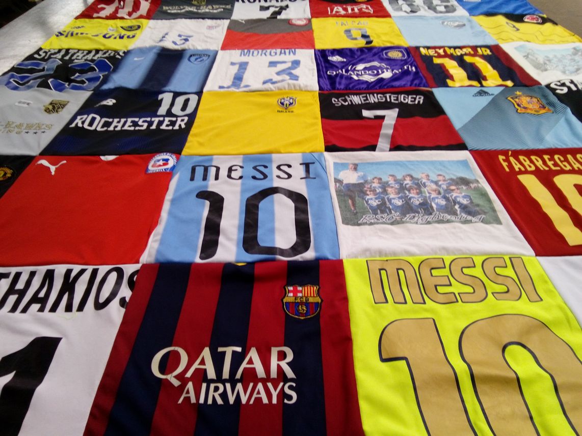 T-shirt quilt with soccer, football themes by Niko from FL