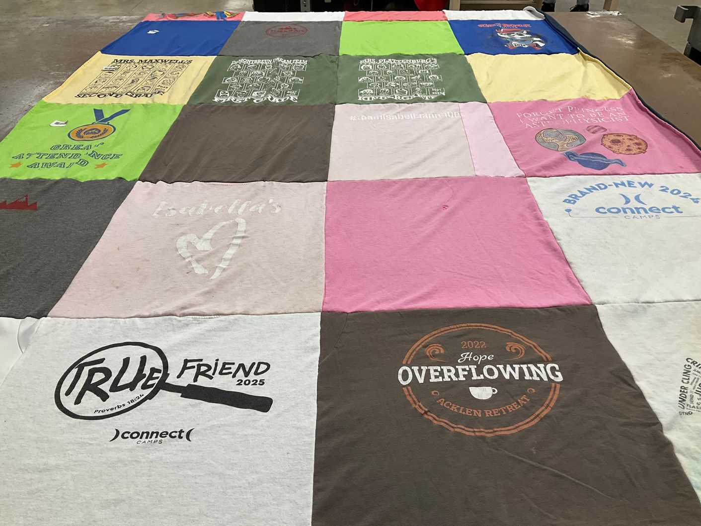 T-shirt quilt with camps, retreats themes by Kristi from TN