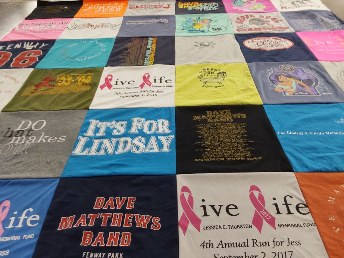 T-shirt quilt with music, charity themes by Linda from MA