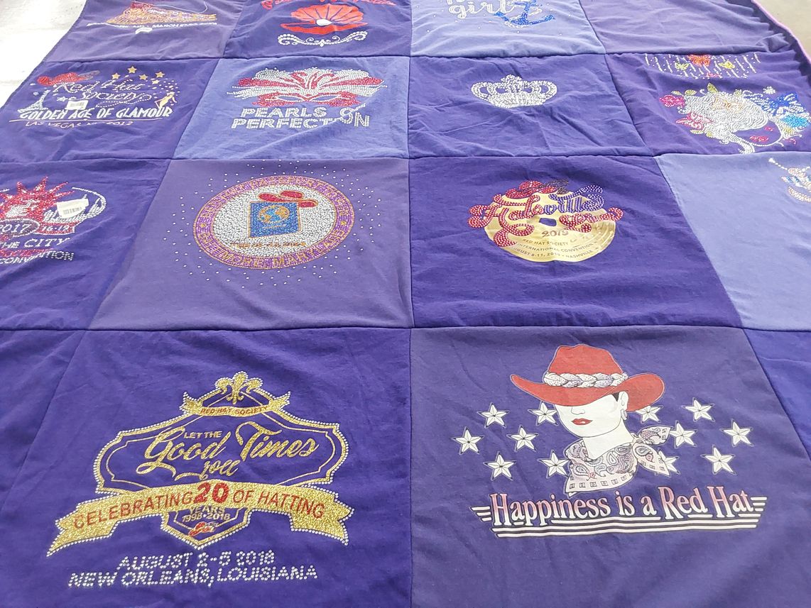 T-shirt quilt with hats, celebrations themes by Kathy from NY