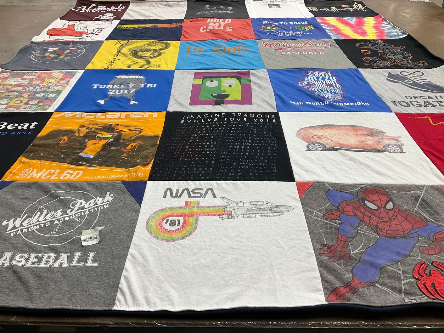 T-shirt quilt with arts, baseball themes by Maria from IL