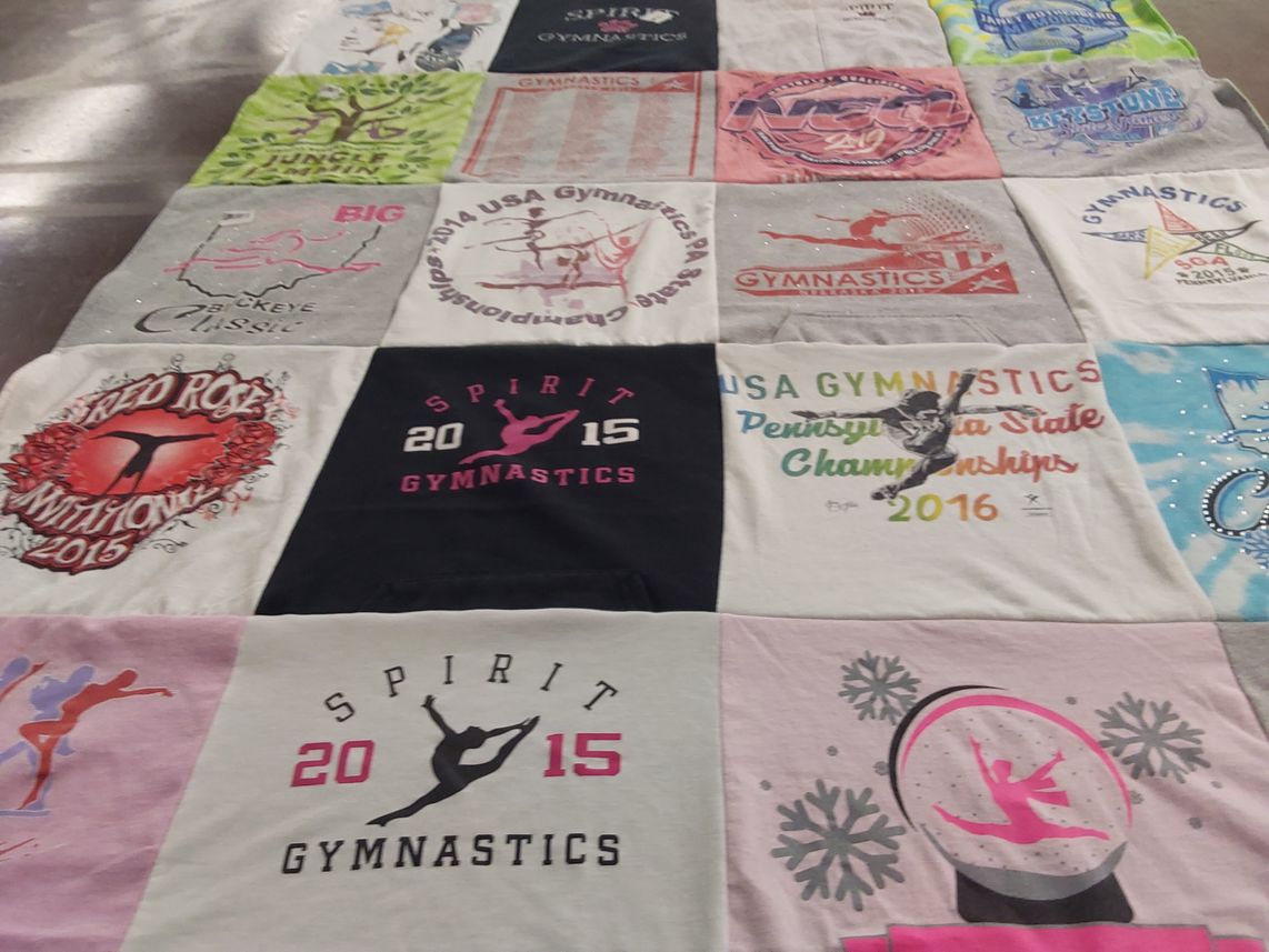 T-shirt quilt with gymnastics themes by April from PA