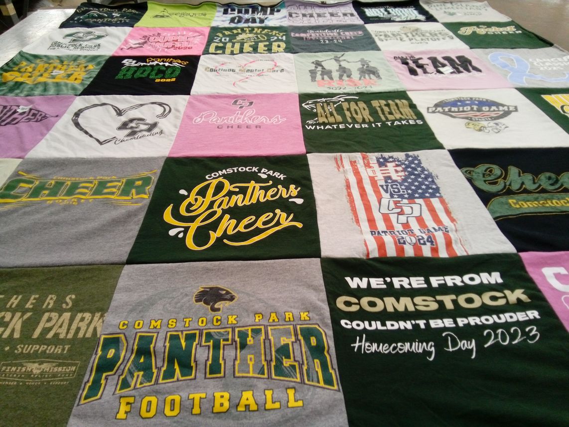T-shirt quilt featuring comstock park panthers, comstock park cheer team by Jenny from MI