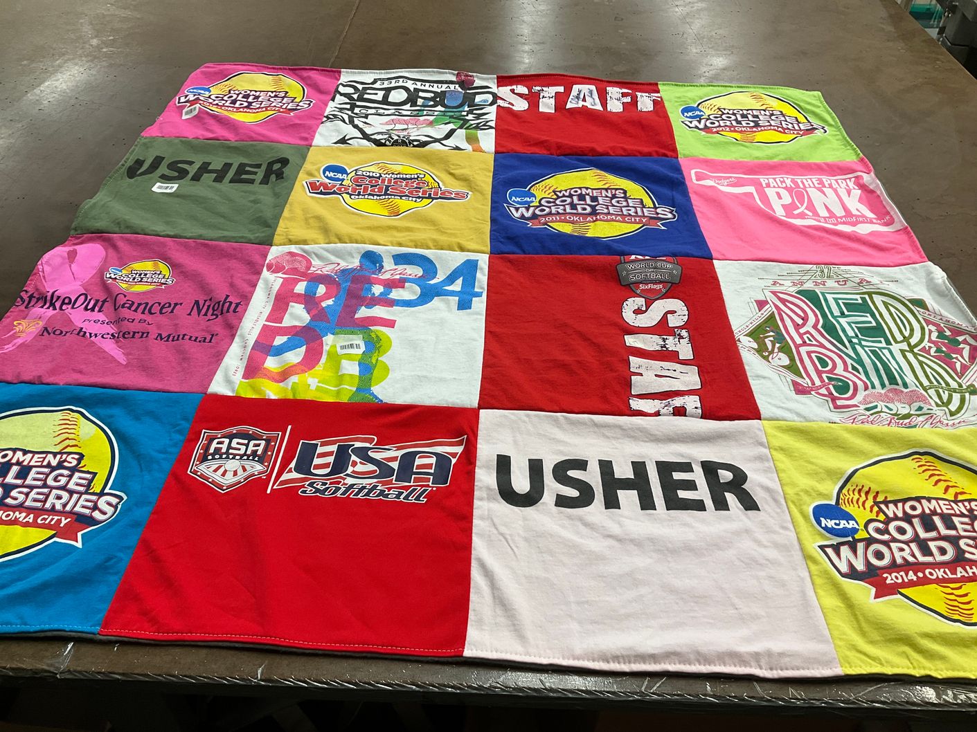 T-shirt quilt with softball, cancer awareness themes by Julie from OK