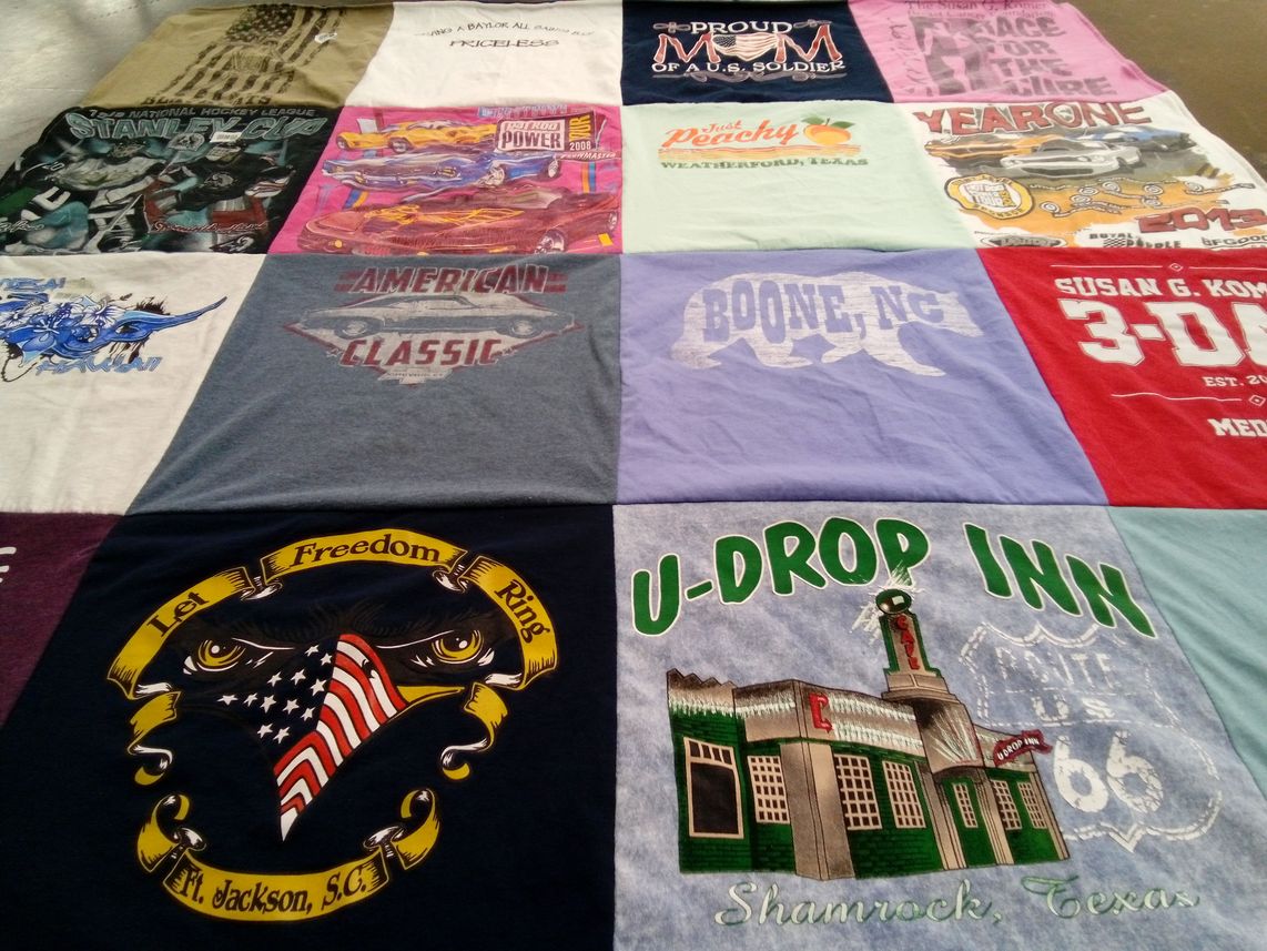 T-shirt quilt with hockey, vintage cars themes by Brenda from TX