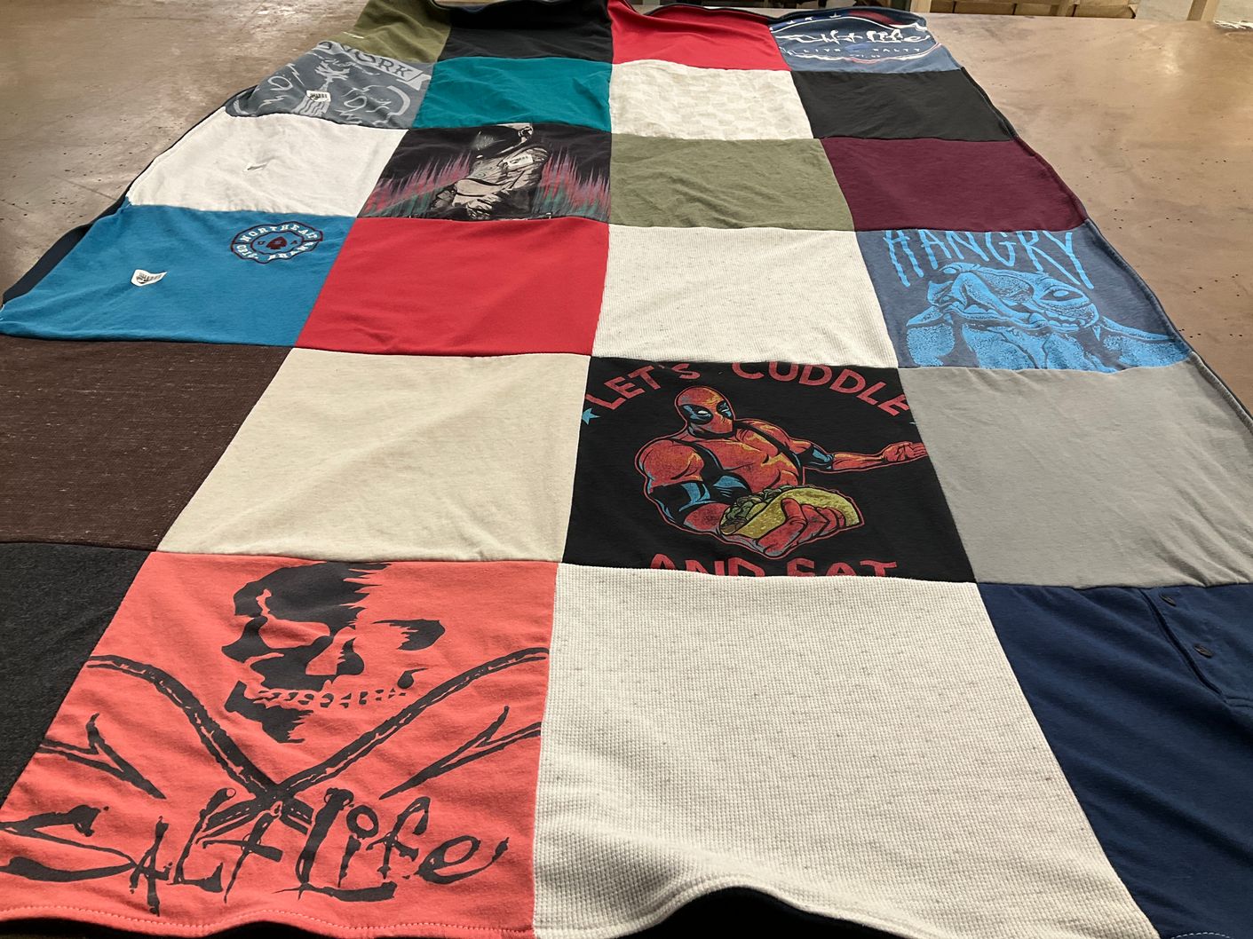 T-shirt quilt with fishing, comics themes by Yessenia from FL