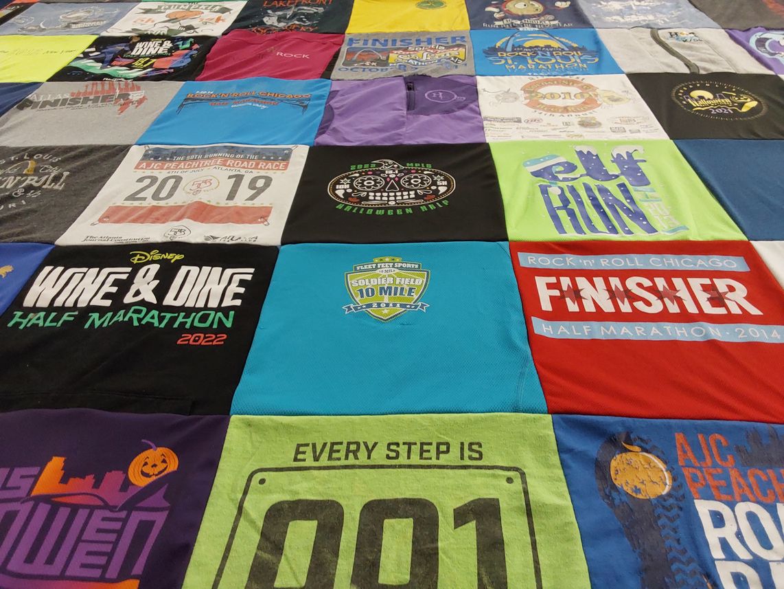 T-shirt quilt with running, marathons themes by Sarah from MN