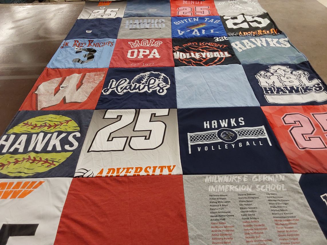 T-shirt quilt featuring red knights volleyball, hawks volleyball by Erin from WI