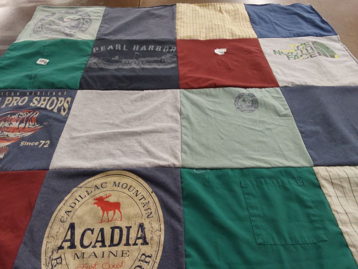 T-shirt quilt with fishing, outdoors themes by Elsie from ME