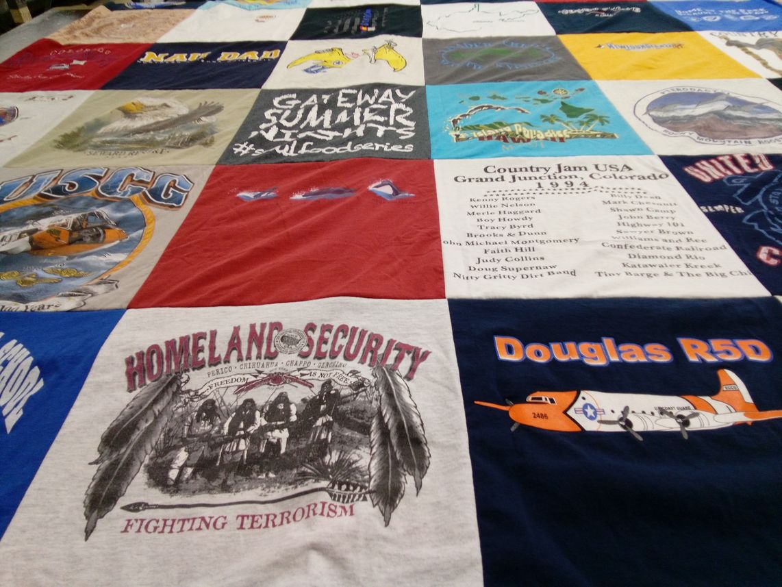 T-shirt quilt with music, aviation themes by Raymond from CA