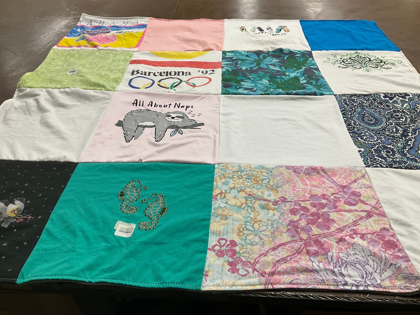 T-shirt quilt with sleeping, travel themes by Elizabeth from FL