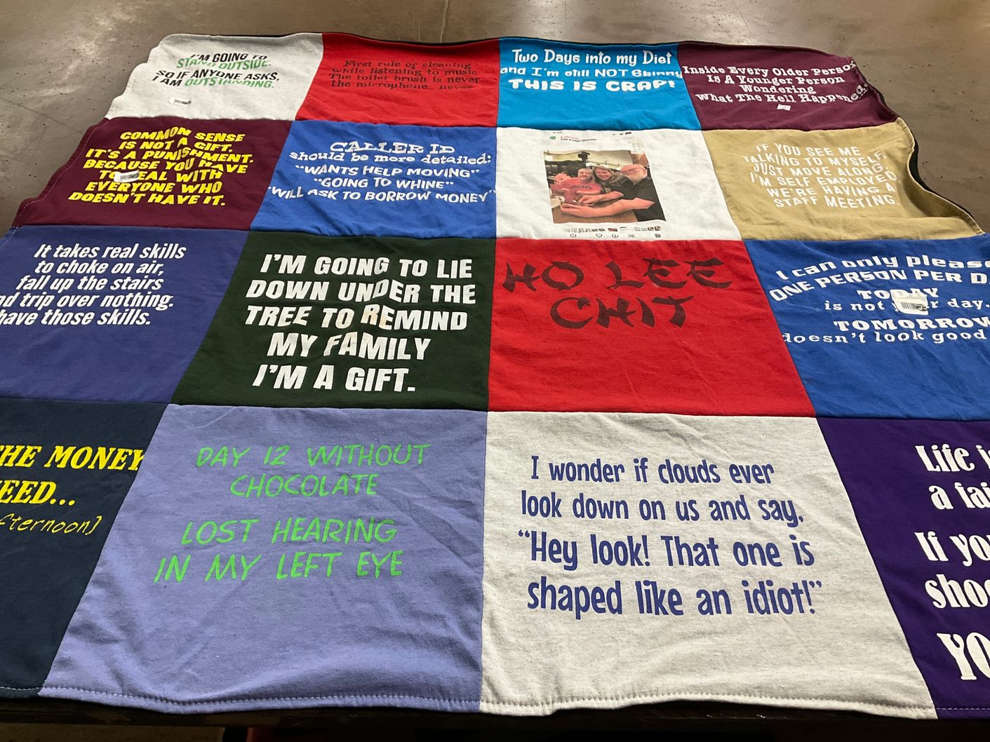 T-shirt quilt with humor, family themes by Yvette from RI