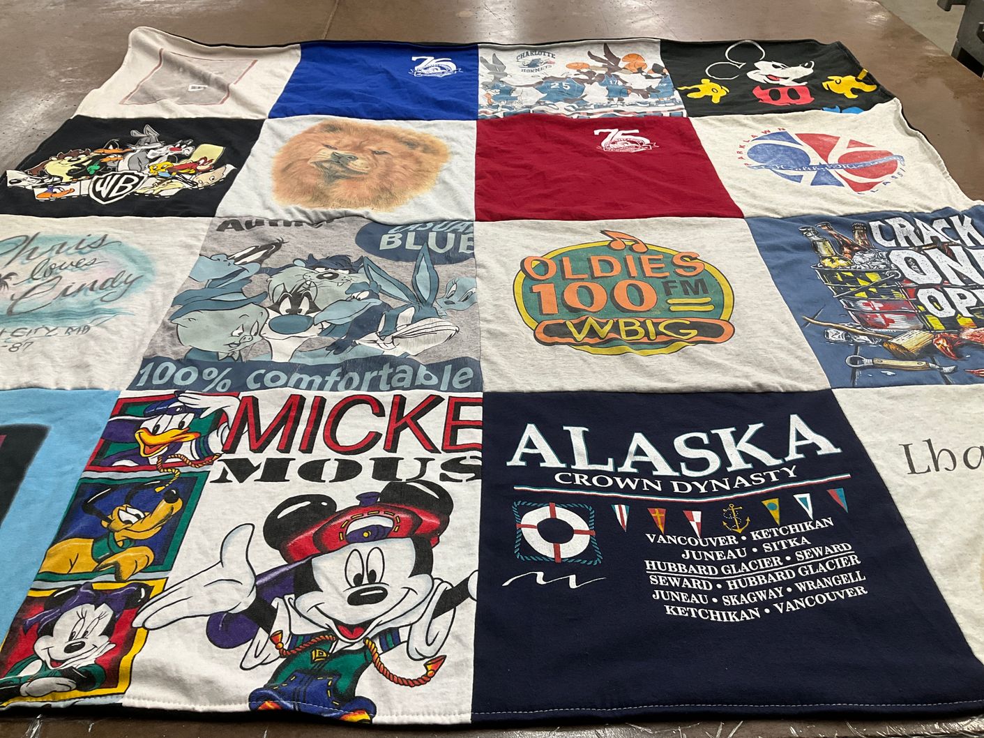 T-shirt quilt with cartoons, radio themes by Rhonda from MD