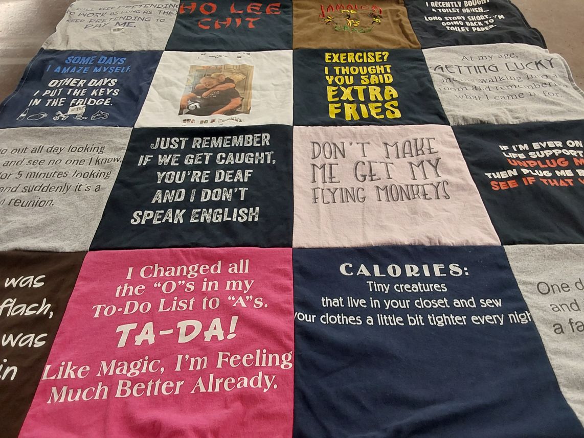 T-shirt quilt with humor, fitness themes by Yvette from RI