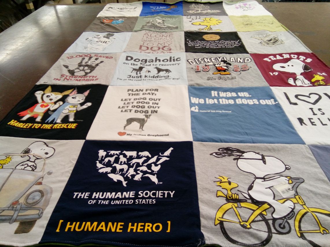 T-shirt quilt with dogs, animal rescue themes by Debby from OR