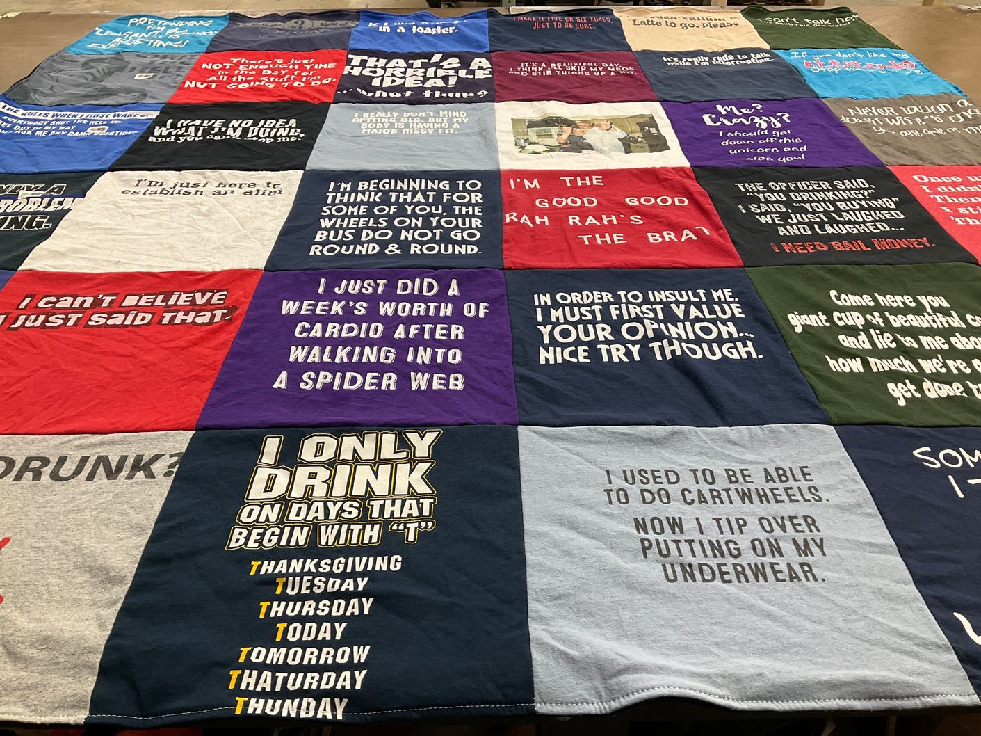 T-shirt quilt with humor, drinking themes by Yvette from RI