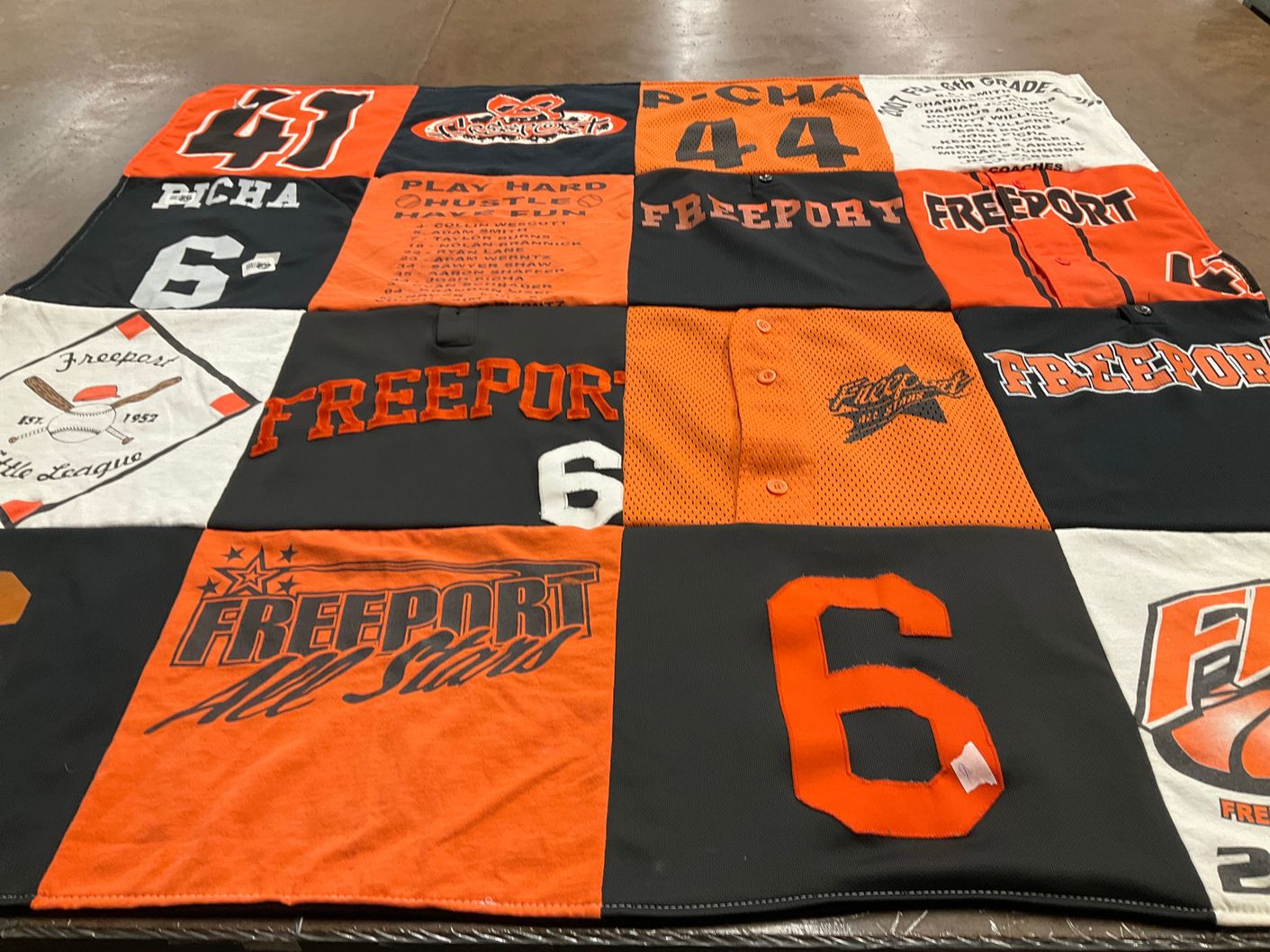 T-shirt quilt with baseball, youth sports themes by Jody from IL