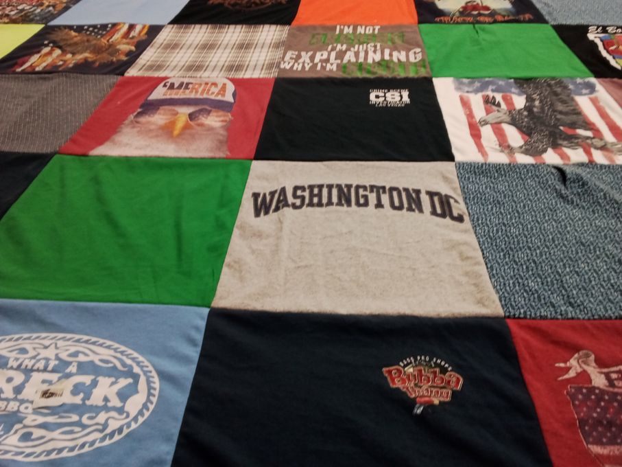 T-shirt quilt with patriotism, outdoor activities themes by Linda from TX