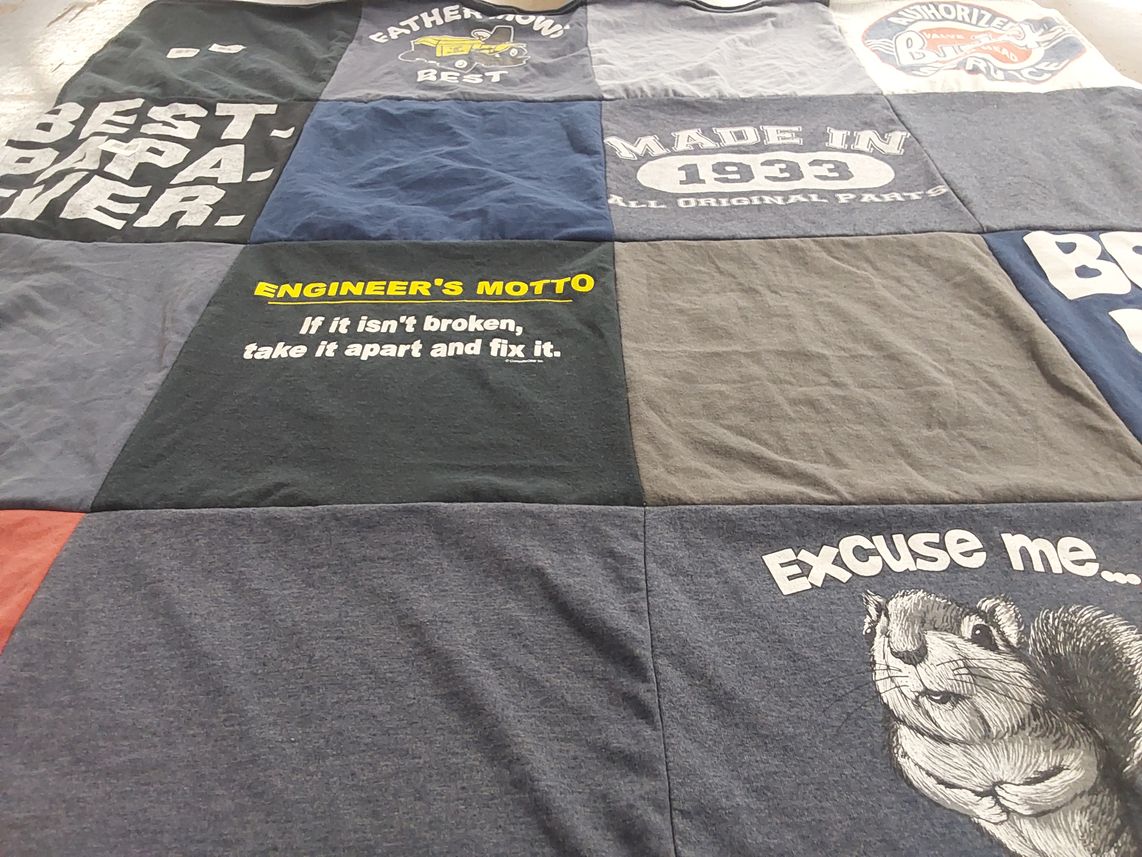 T-shirt quilt with engineering, crafting themes by Judith from CT