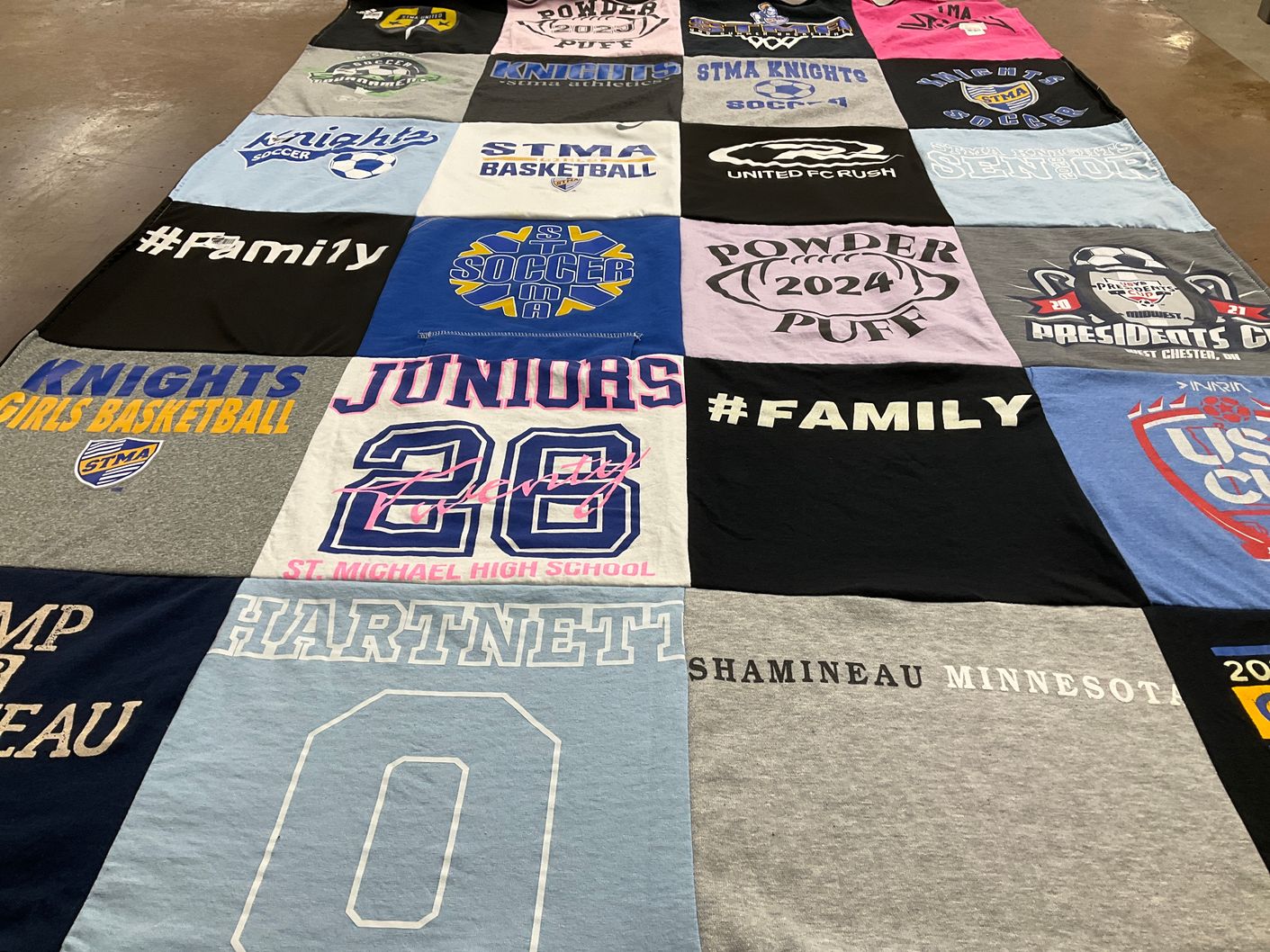 T-shirt quilt featuring st. michael-albertville knights girls basketball, st. michael-albertville soccer by Christine from MN