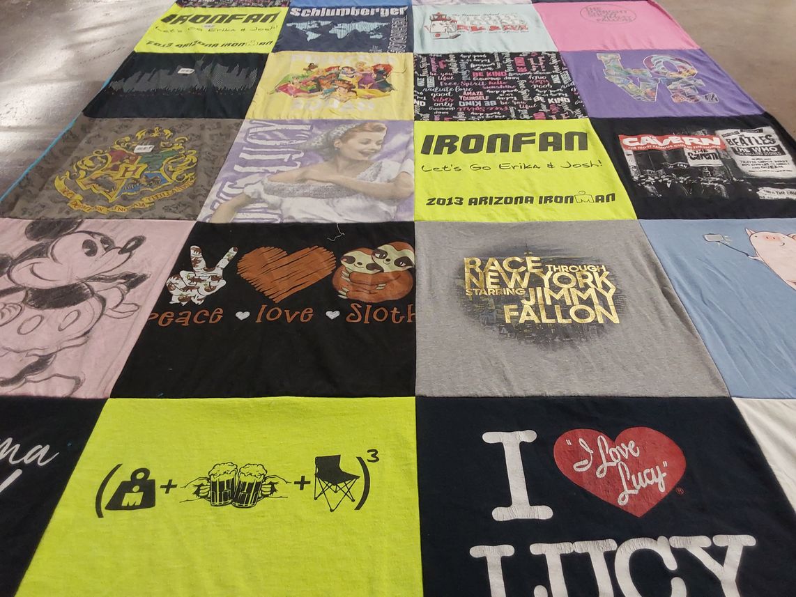 T-shirt quilt with television, comics themes by Lynn from TX