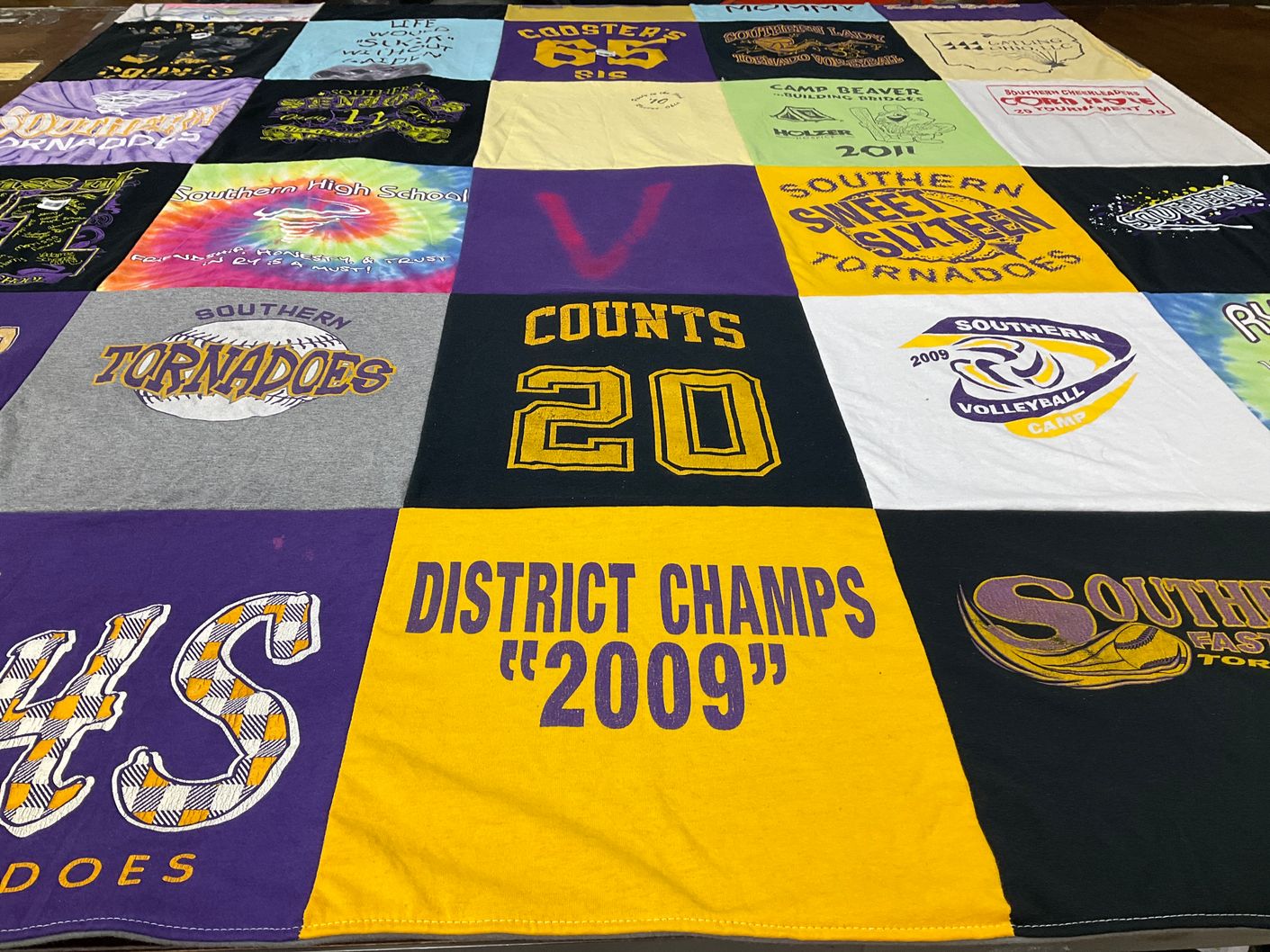 T-shirt quilt featuring southern tornadoes by Vadamae from OH